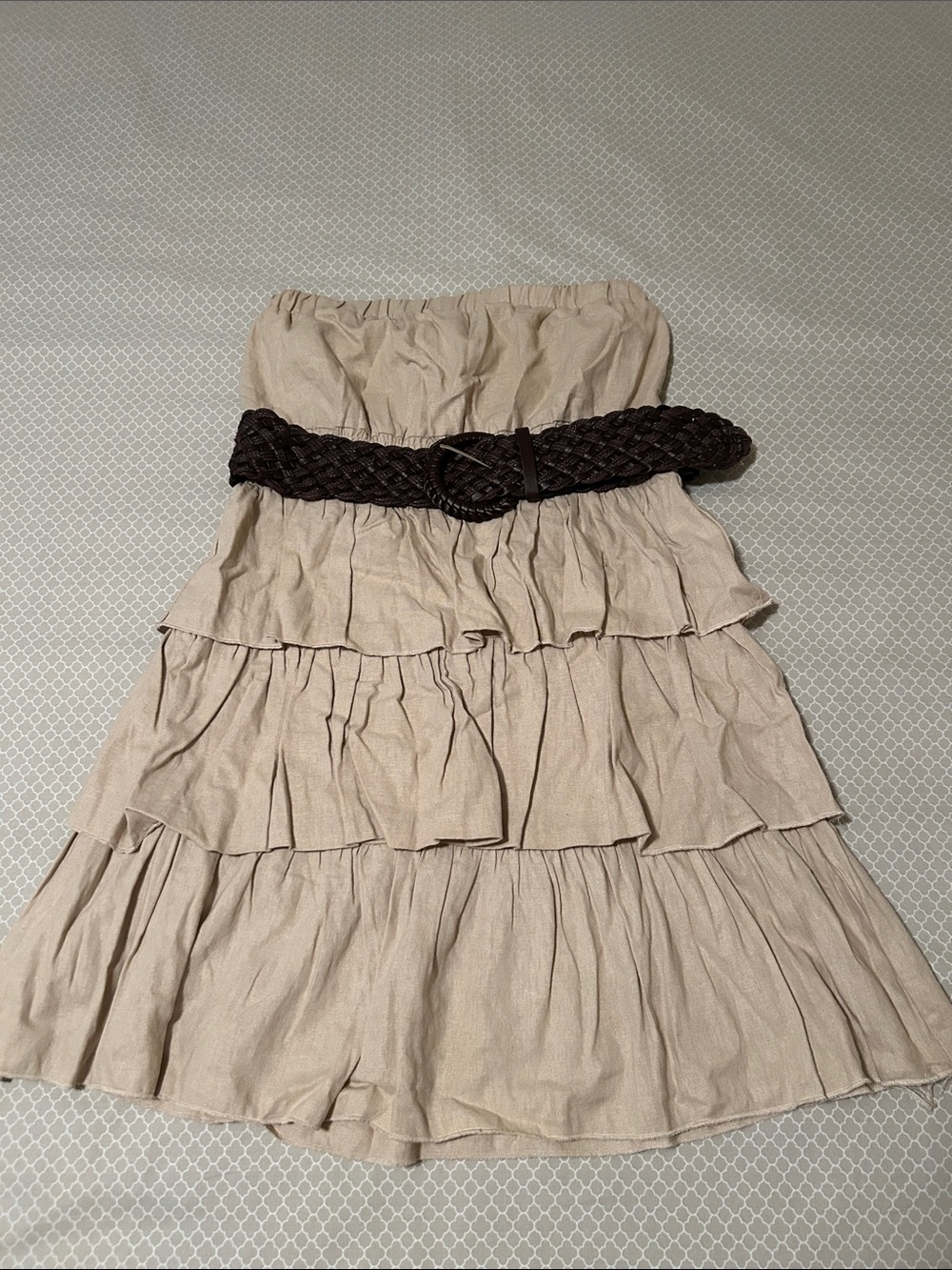 Have Strapless Tiered Cream Dress with Braided Brown Belt
